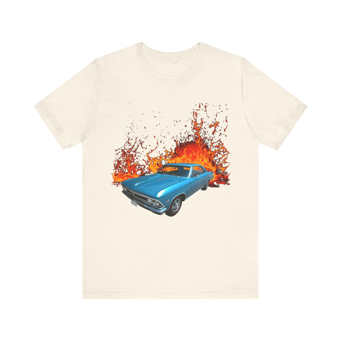 1966 Chevy Chevelle SS lava series short sleeve tee with fiery design, unisex, lightweight cotton.