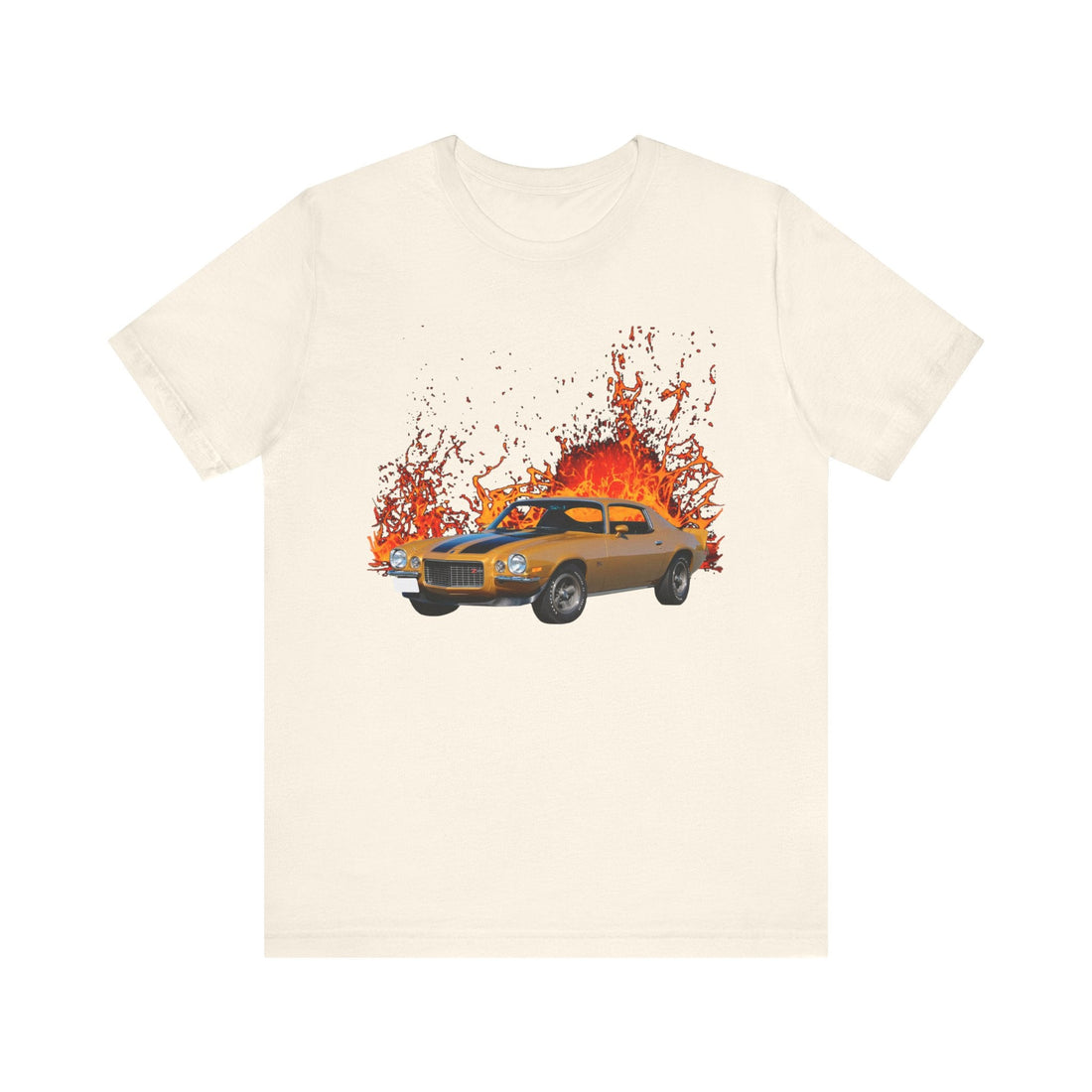 1970 Camaro Z28 lava series short sleeve tee with fiery car graphic design.