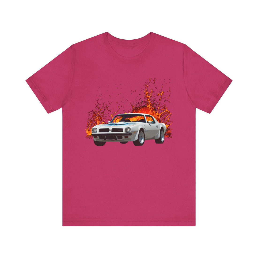 1974 Pontiac Firebird Trans AM lava series short sleeve tee with fiery car graphic.