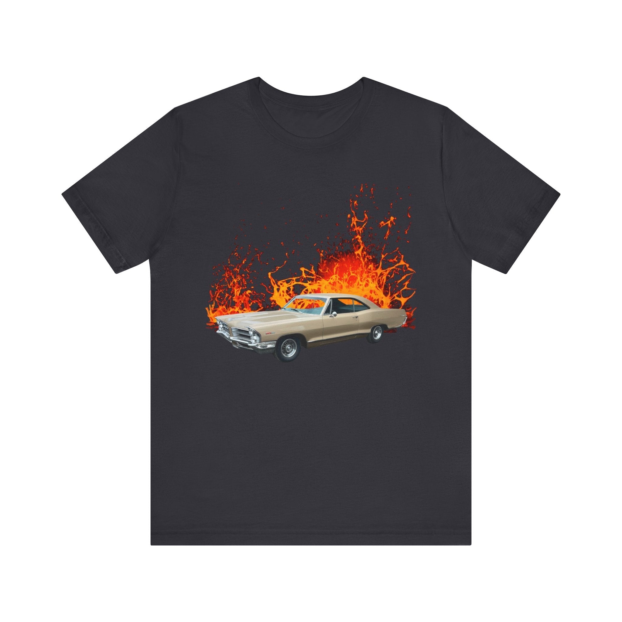 1965 Pontiac Catalina lava series short sleeve tee in black with vibrant flame graphics.