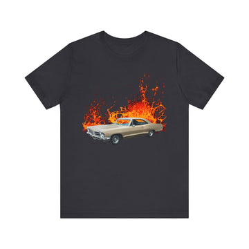 1965 Pontiac Catalina lava series short sleeve tee in black with vibrant flame graphics.