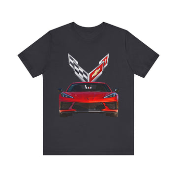 2023 Corvette Short Sleeve Tee with red Chevy Corvette graphic.