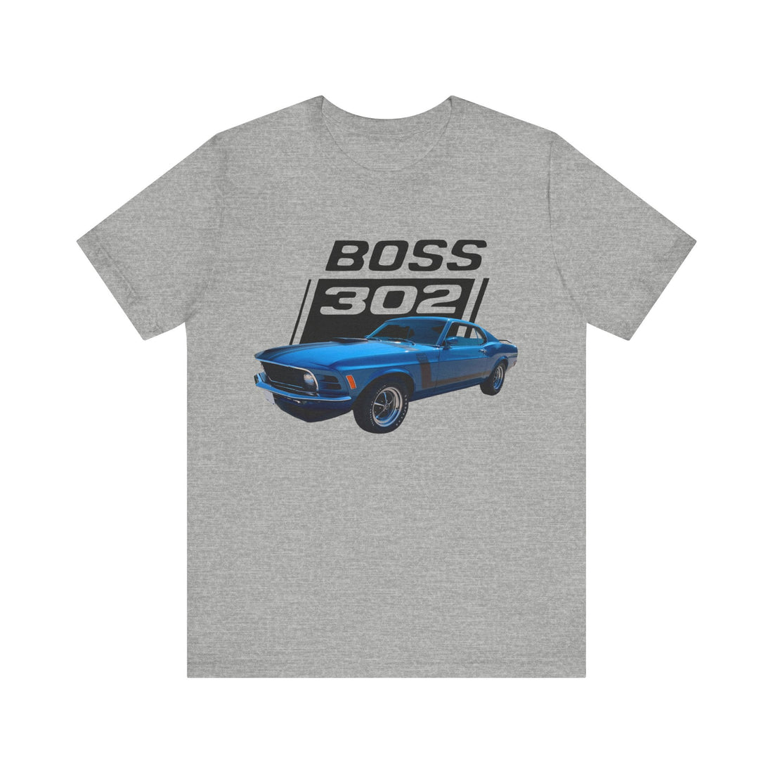 Gray short sleeve tee with blue 1970 302 Mustang graphic design.