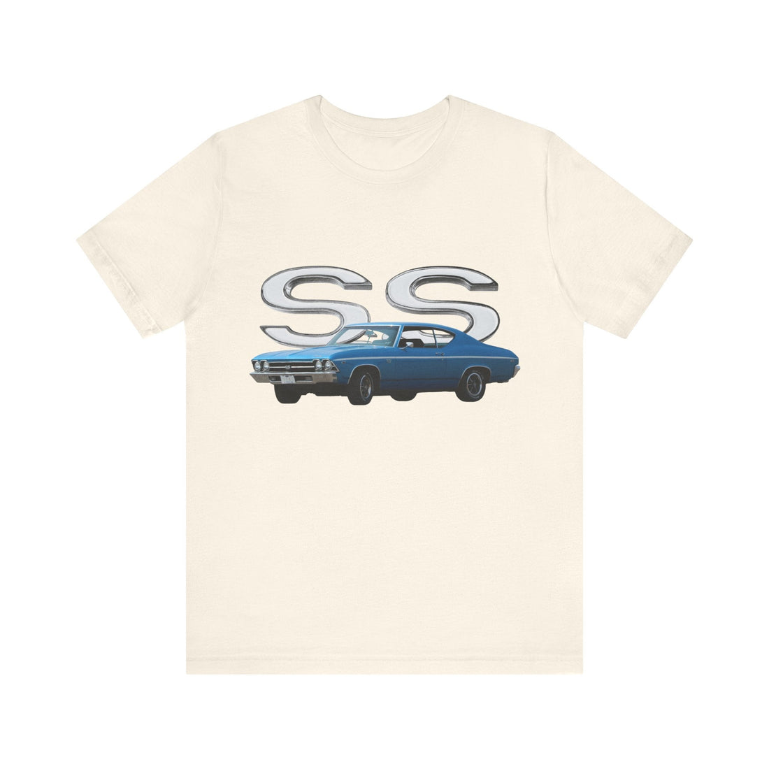 1969 Chevy Chevelle SS short sleeve tee with classic car illustration on light fabric.