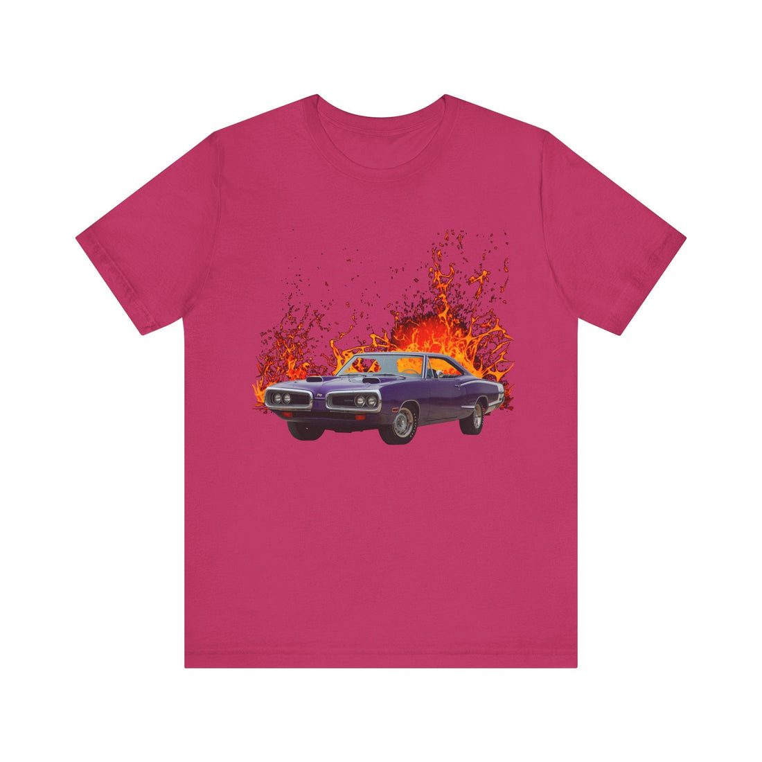 1970 Super Bee in lava series short sleeve tee with vibrant car and lava design.