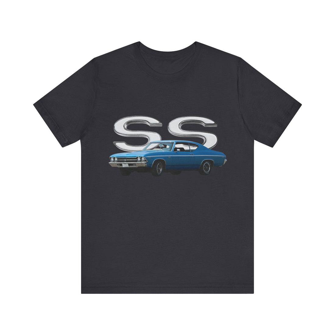1969 Chevy Chevelle SS short sleeve tee with classic car illustration on light fabric.