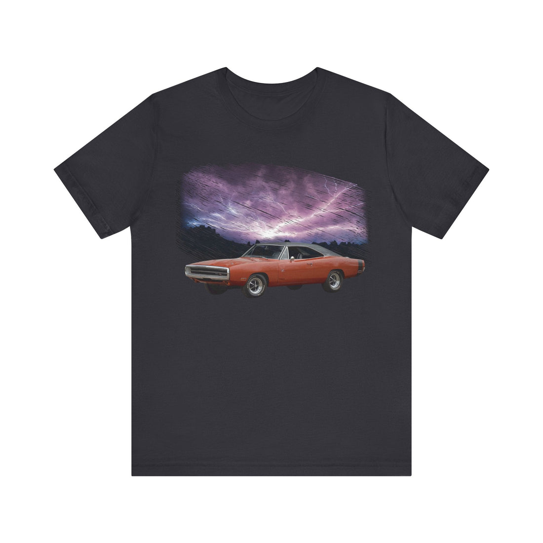 1970 Charger RT lightning series short sleeve tee with red car print on black background.