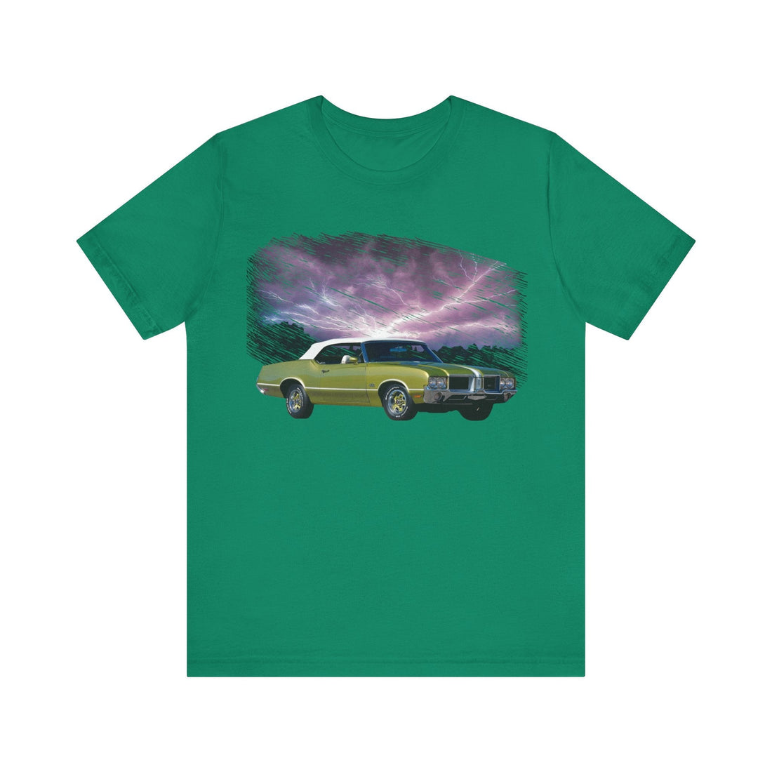 1971 Olds Cutlass 442 lightning series short sleeve green tee with car design.