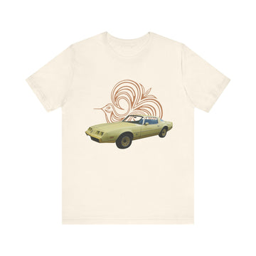 1980 Pontiac Firebird Espirit Yellow Bird Short Sleeve Tee with vintage car design.