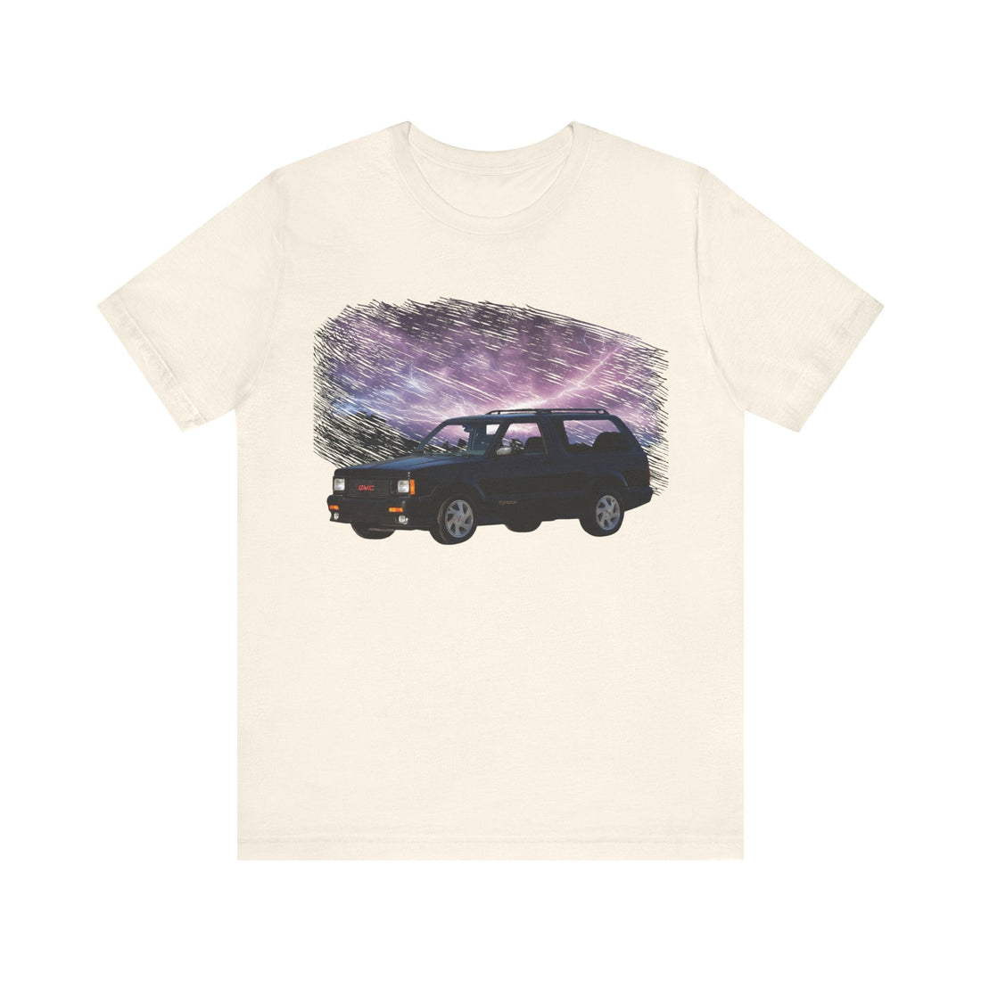 1993 Tyhoon in our lightning series short sleeve tee featuring a stormy car graphic design.