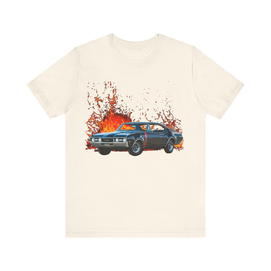 1968 Olds 442 short sleeve tee with classic car design, soft cotton fabric.