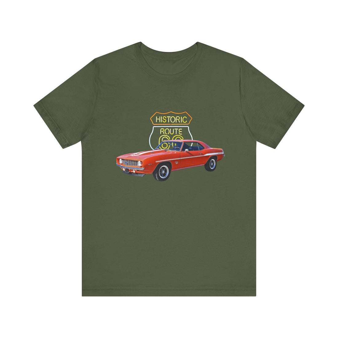 1969 Chevy Camaro in our Route 66 in the dark series Short Sleeve T-Shirt