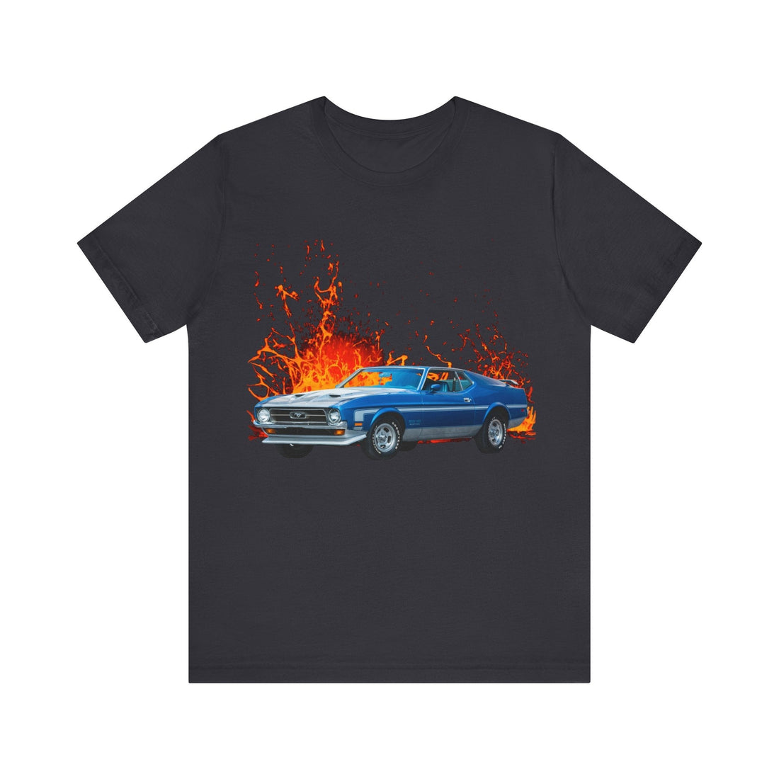 1973 Mustang Mach 1 lava series short sleeve tee with blue car graphic.
