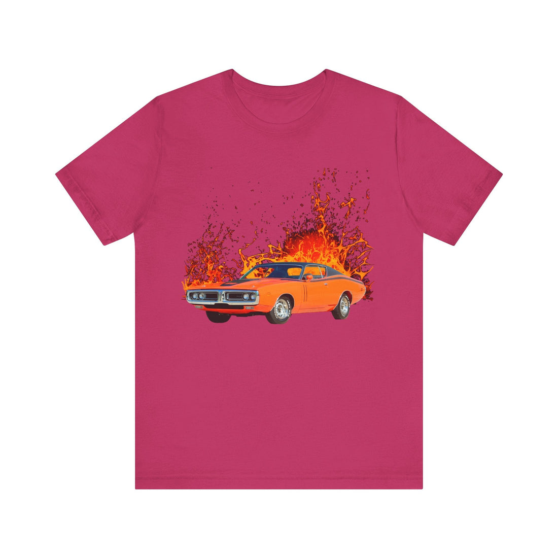 1971 Charger RT lava series short sleeve tee with fiery car design.