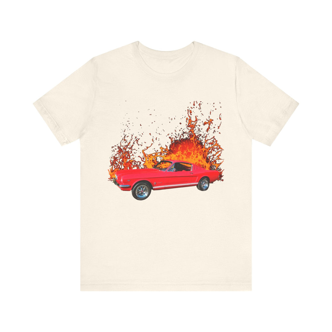 1966 Mustang Fastback lava series tee with fiery graphic design.