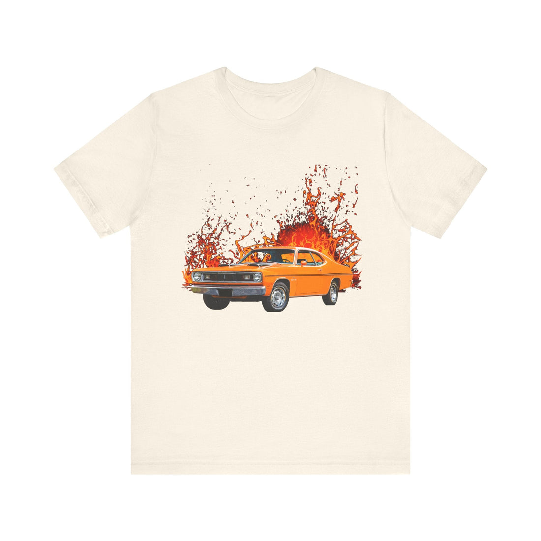 1970 Duster in our lava series black short sleeve tee with vintage car design.