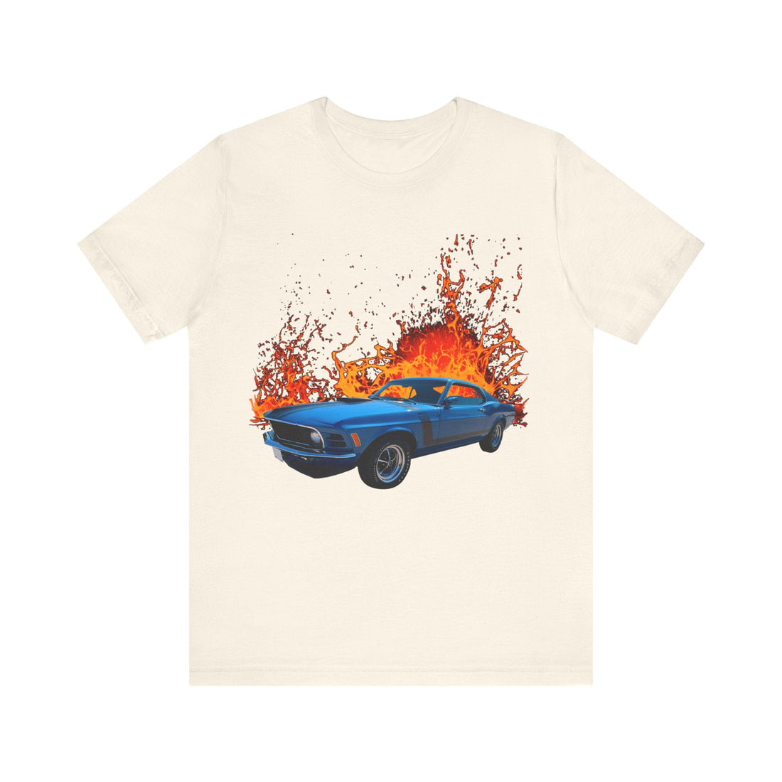 1970 Ford Boss Mustang lava series short sleeve t-shirt with fiery graphic.