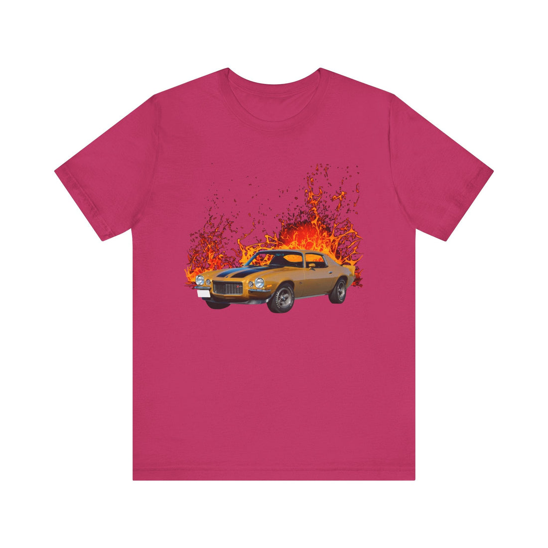 1970 Camaro Z28 lava series short sleeve tee with fiery car graphic design.
