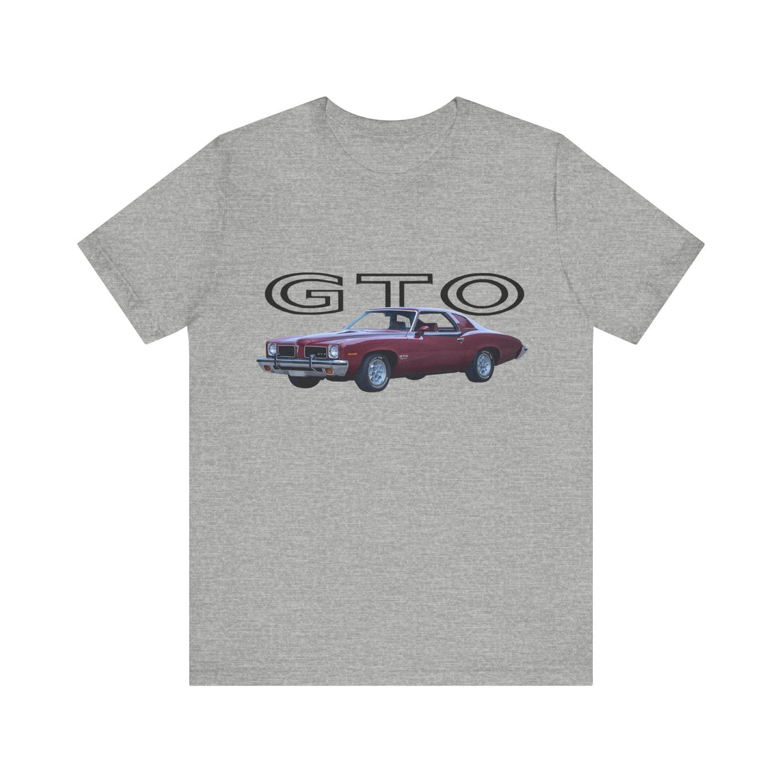 1973 GTO Short Sleeve Tee with red Pontiac car graphic on gray background.