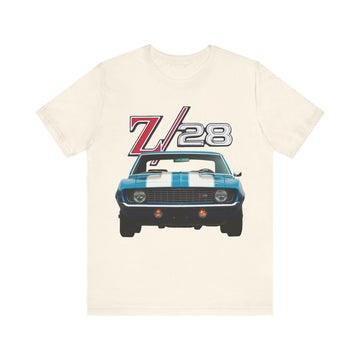 1969 Chevy Camaro Z28 Short Sleeve Tee with car graphic design.