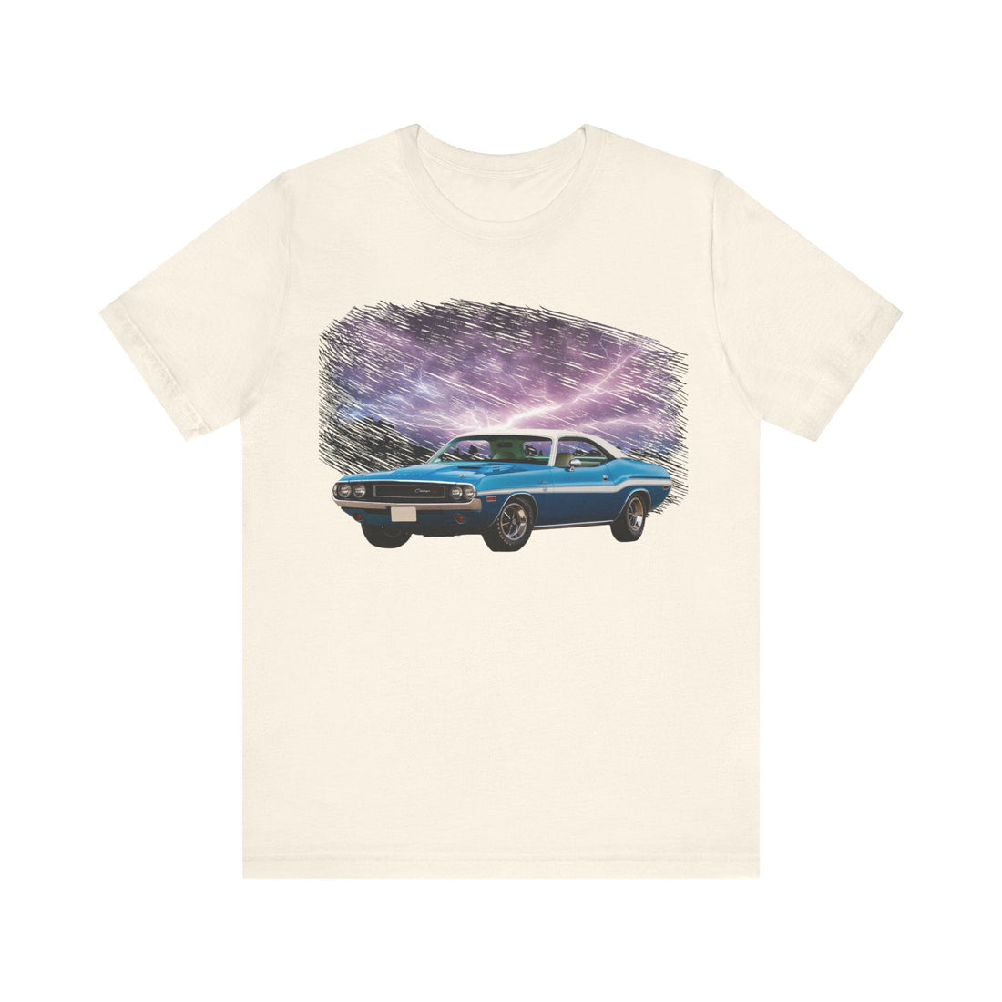 1970 Challenger RT lightning series short sleeve tee with classic car graphic on front.