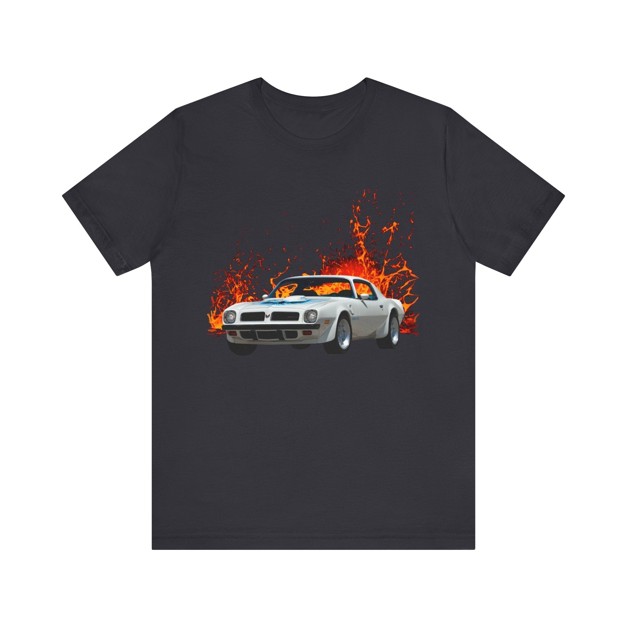 1974 Pontiac Firebird Trans AM lava series short sleeve tee with fiery car graphic.