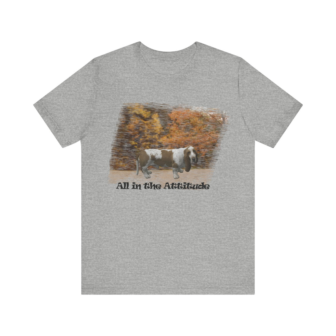 Bassett Hound fall day Attitude series short sleeve t-shirt with autumn design.