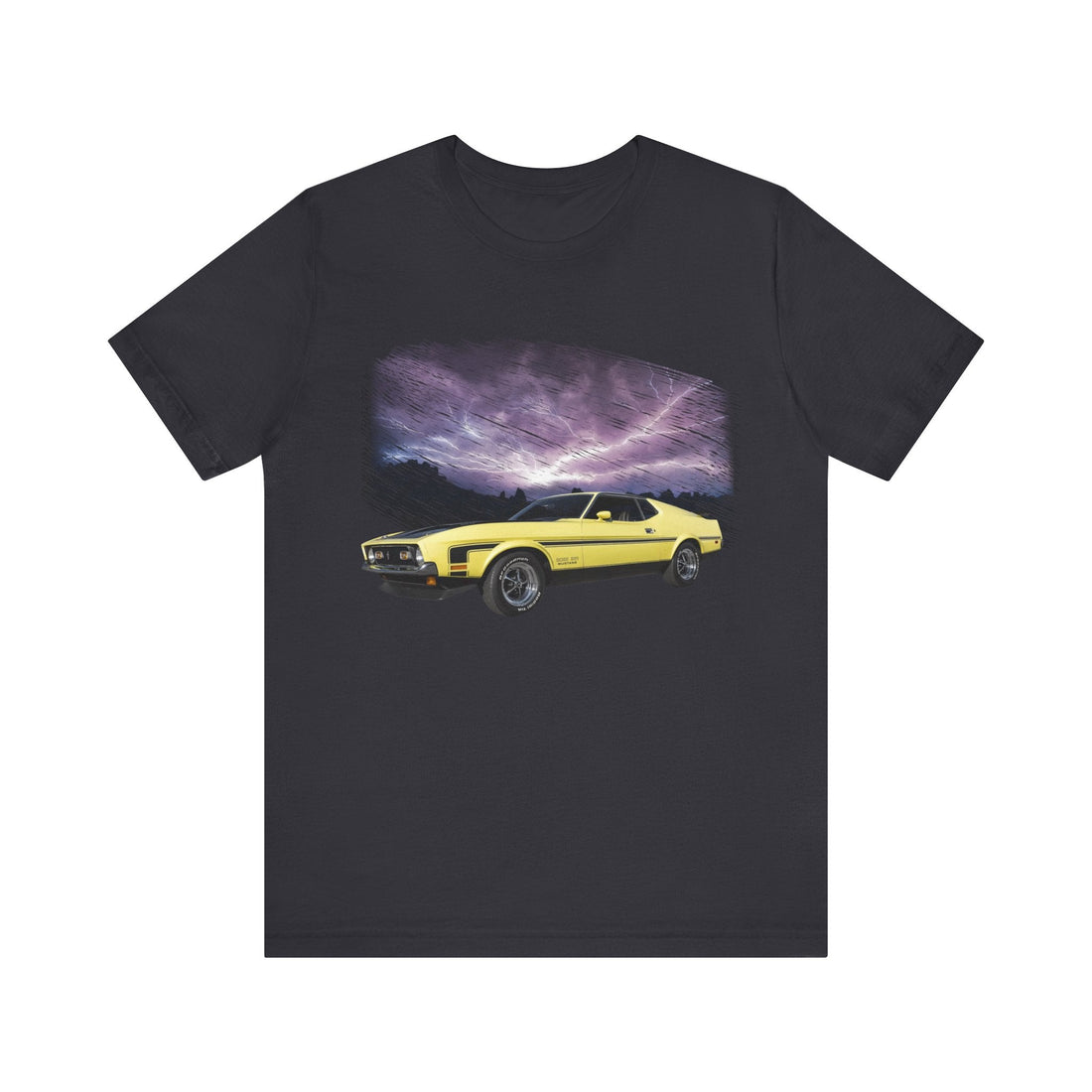 1971 Mustang lightning series short sleeve tee with yellow car and stormy sky design.