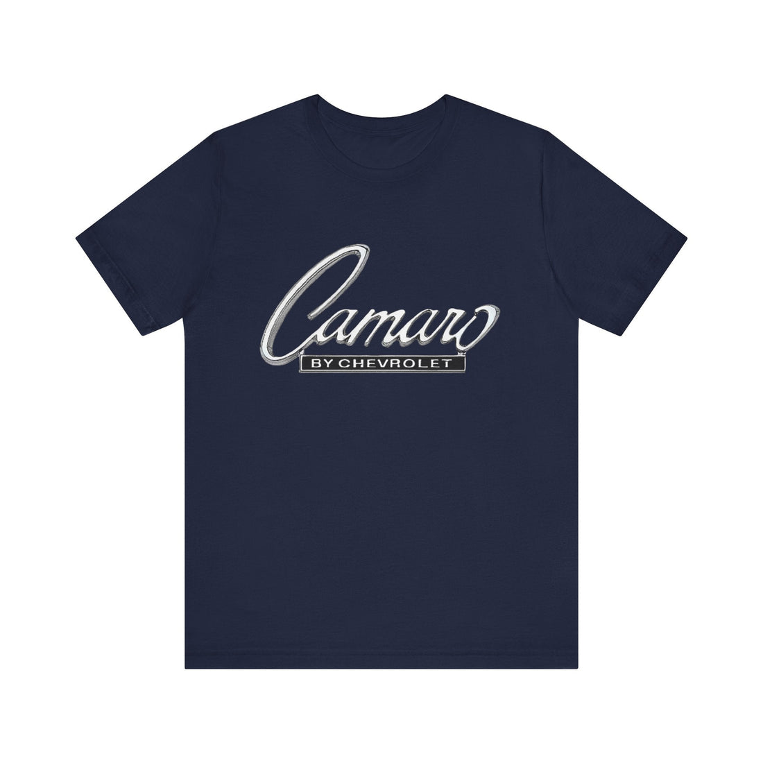 Chevy Camaro emblem short sleeve tee in navy blue with classic design.