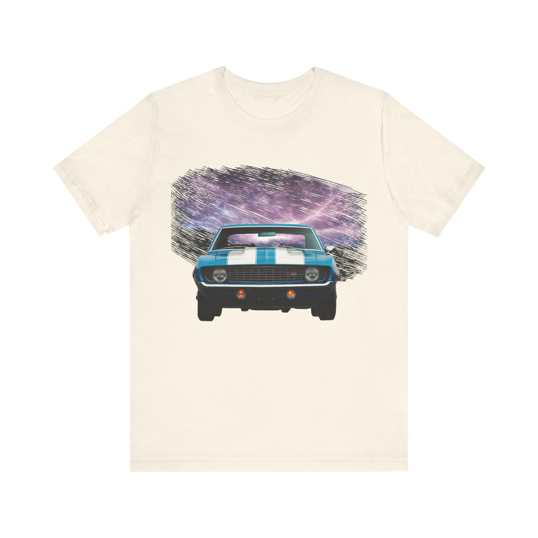 1969 Camaro Z28 lightning series short sleeve tee with vibrant car print.