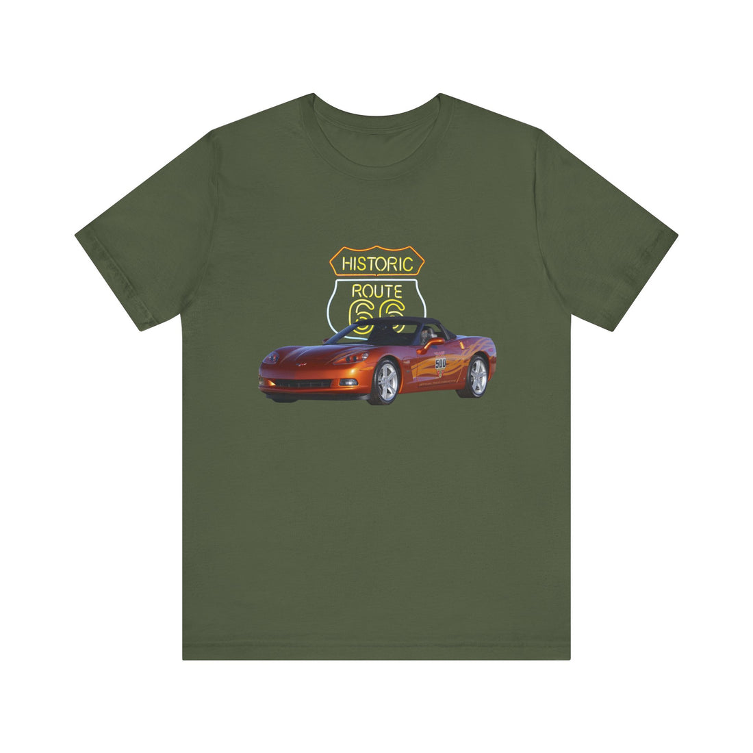 2007 Chevy Corvette Pace Car in our Route 66 in the dark series Short Sleeve T-Shirt