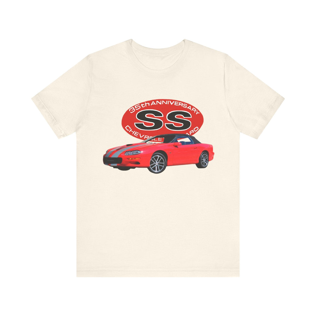 2002 35th Anniversary Camaro SS short sleeve tee with red car graphic.