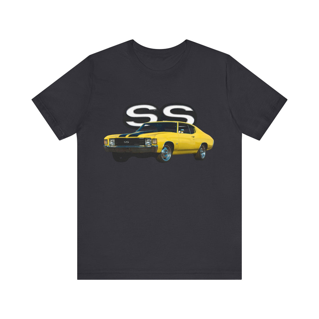 1972 Chevelle SS Short Sleeve Tee featuring vintage car design in yellow.