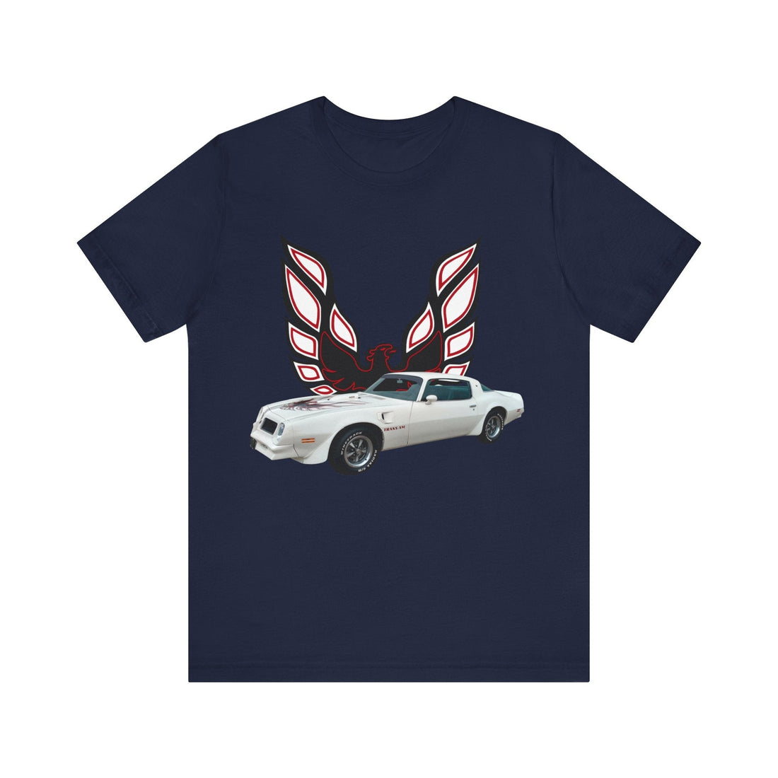 1976 Pontiac Firebird Trans AM short sleeve tee in navy featuring car graphic design.