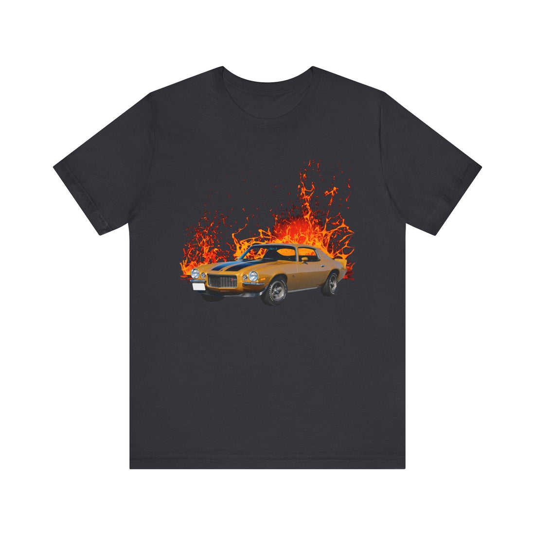 1970 Camaro Z28 lava series short sleeve tee with fiery car graphic design.