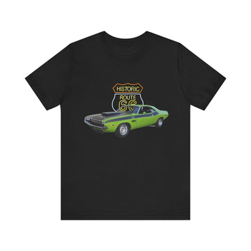 1970 Plymouth Dodge Challenger TA in our Route 66 in the dark series Short Sleeve T-Shirt