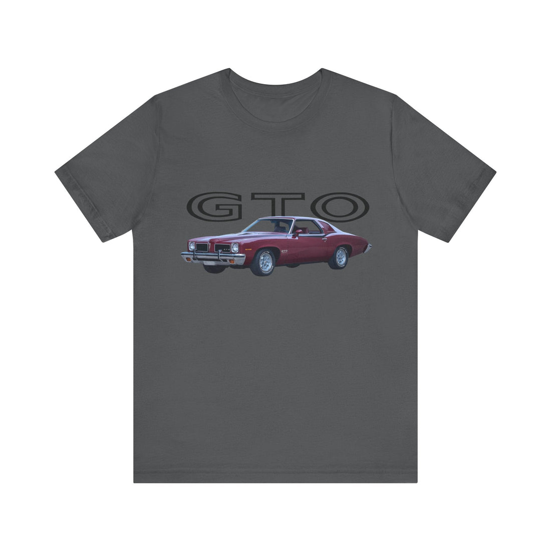 1973 GTO Short Sleeve Tee with red Pontiac car graphic on gray background.