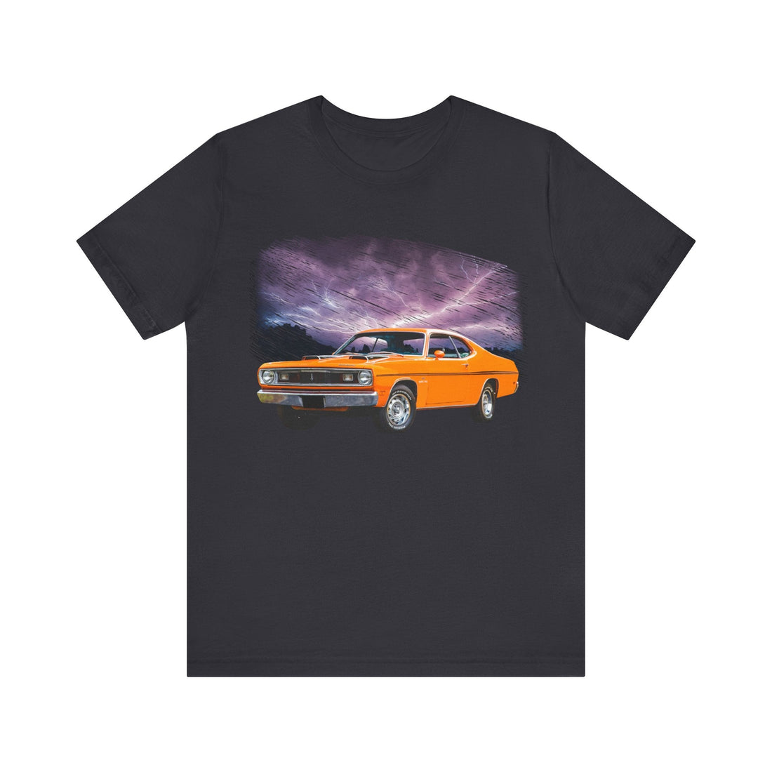 1970 Duster lightning series short sleeve tee with classic car design on front.