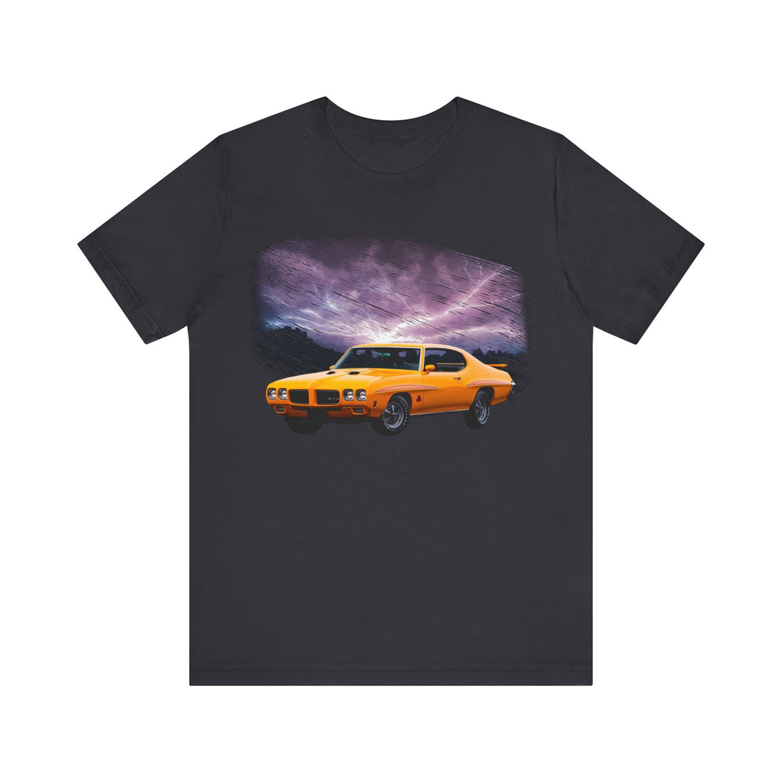 1970 Pontiac GTO Judge lightning series short sleeve tee with car graphic on black fabric.