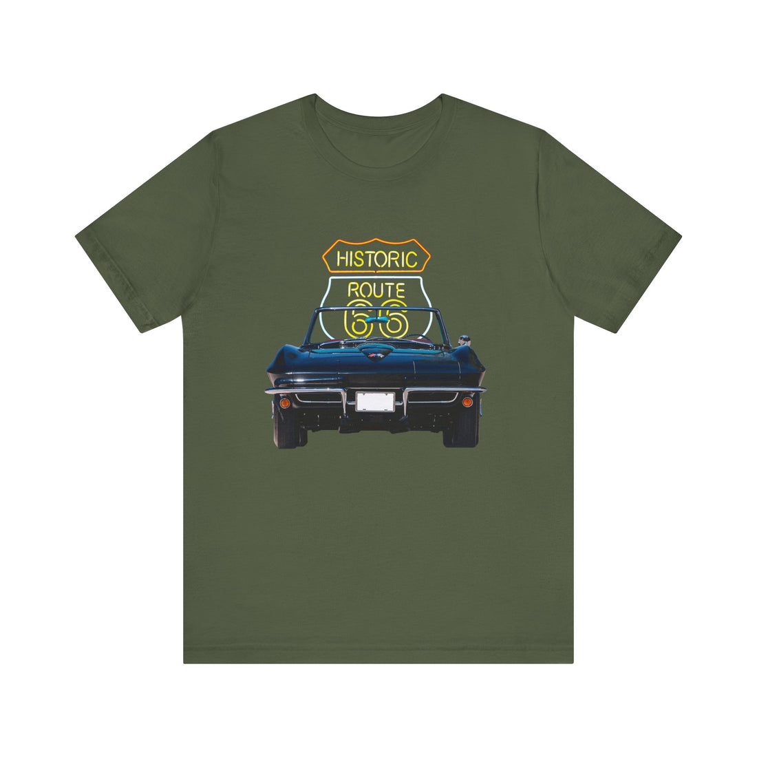 1965 Chevy Corvette in our Route 66 in the dark series Short Sleeve T-Shirt