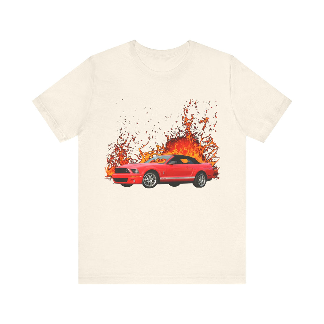 2008 Ford Shelby Mustang lava series short sleeve tee with fiery car graphic.