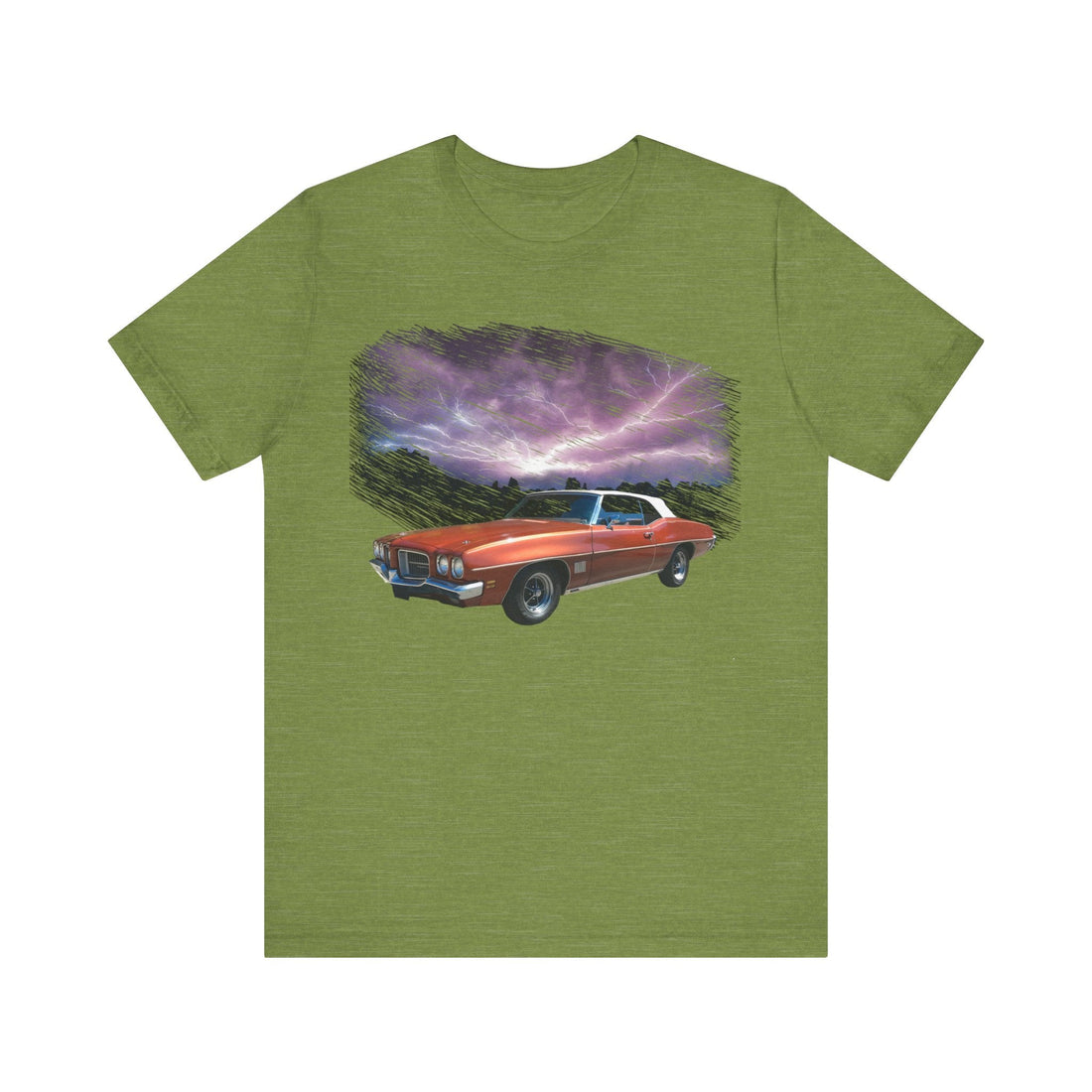 1971 Pontiac Lemans Sport lightning series short sleeve tee with car and storm graphic.