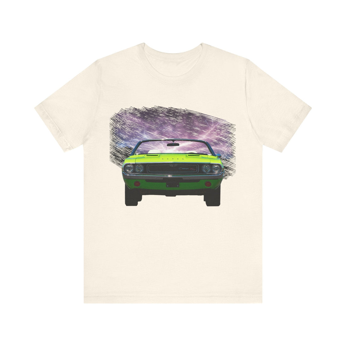 1970 Challenger lightning series short sleeve tee with green car graphic.