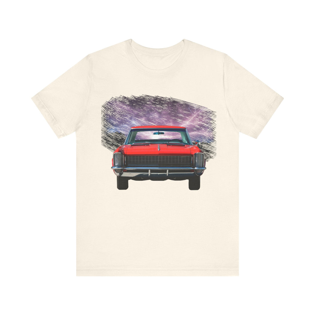 1965 Buick Riviera lightning series tee with red car graphic on black fabric.