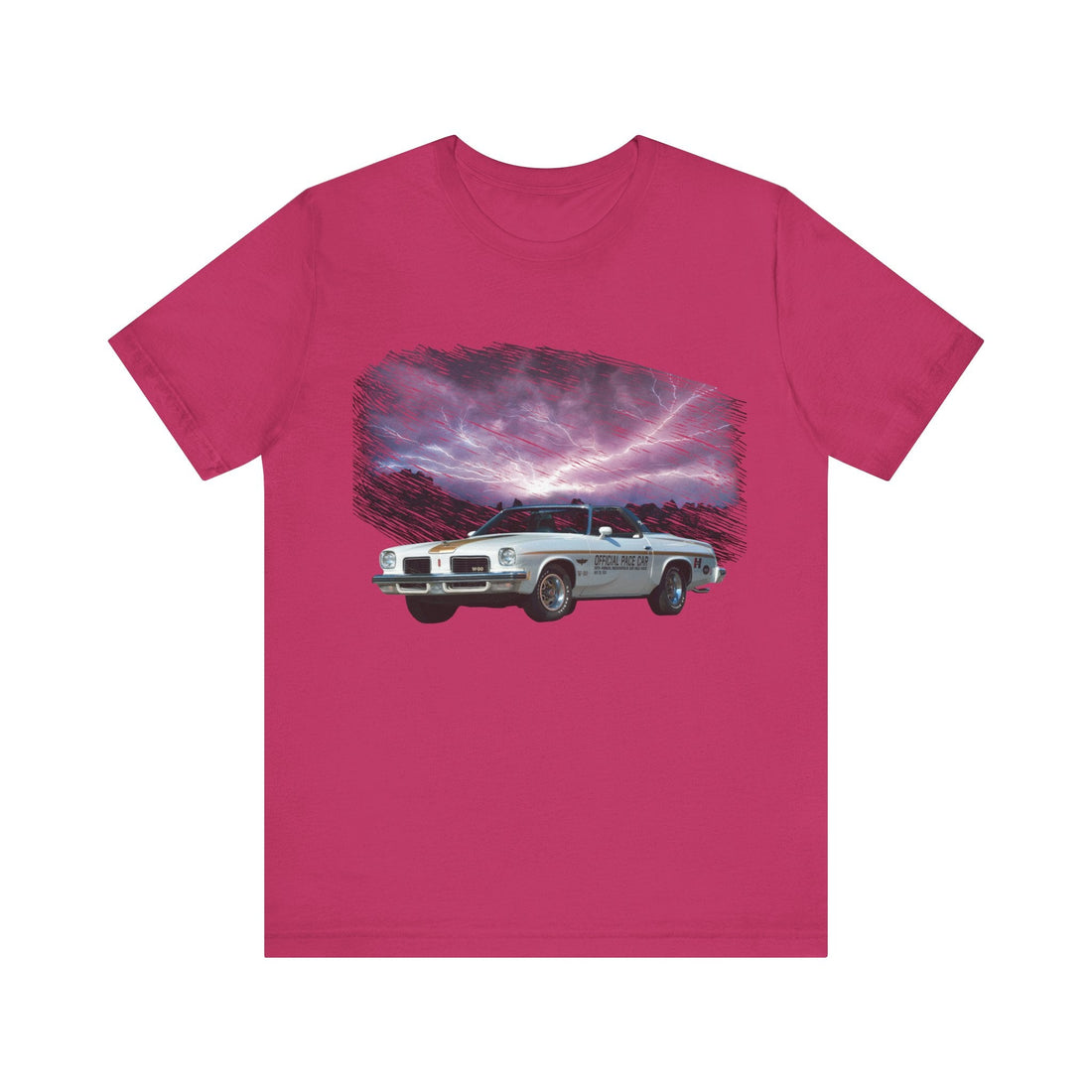 1974 Hurst Olds Pace Car lightning series short sleeve tee with vintage car design.