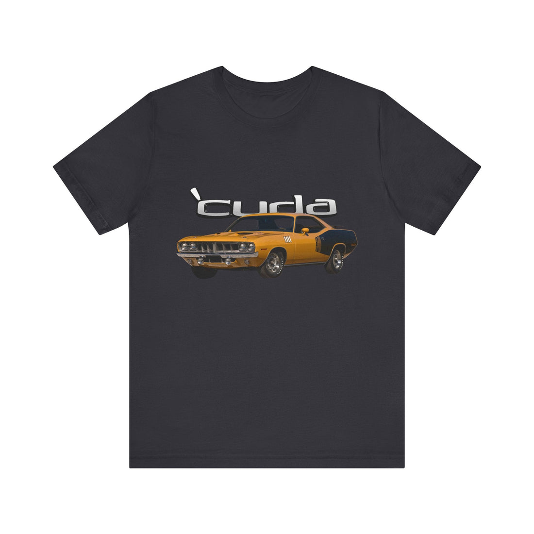 1971 Plymouth Cuda Short Sleeve Tee with vintage car graphic on black fabric.