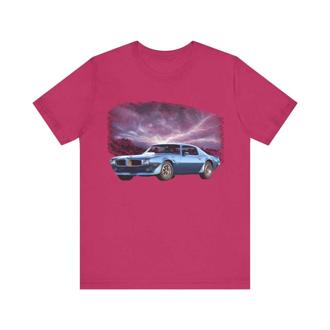 1970 Pontiac Trans AM lightning series short sleeve tee with blue car graphic design.