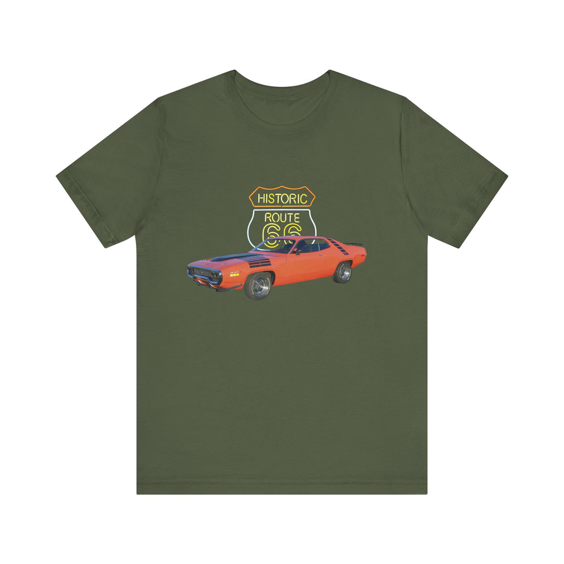 1971 Plymouth Roadrunner in our Route 66 in the dark series Short Sleeve T-Shirt