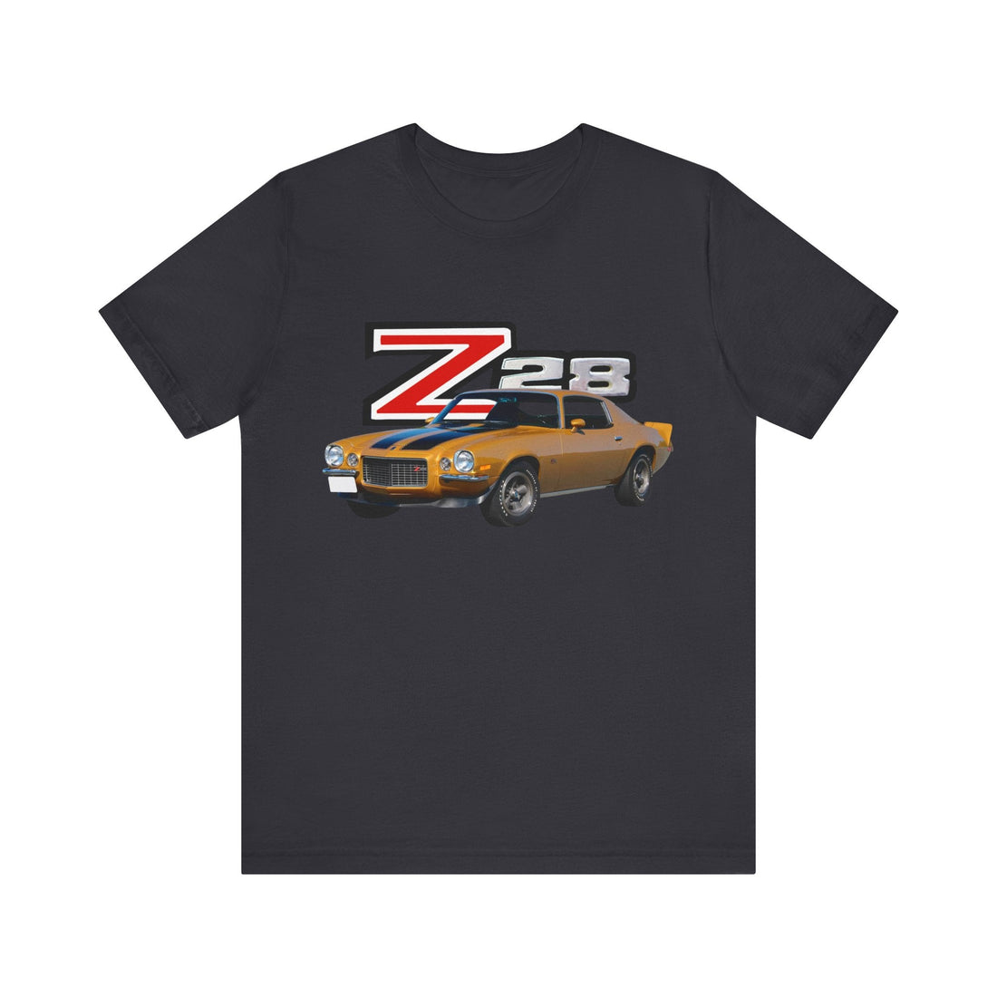 1970 Chevy Camaro Z28 Short Sleeve Tee with vintage car graphic on black Bella + Canvas shirt.