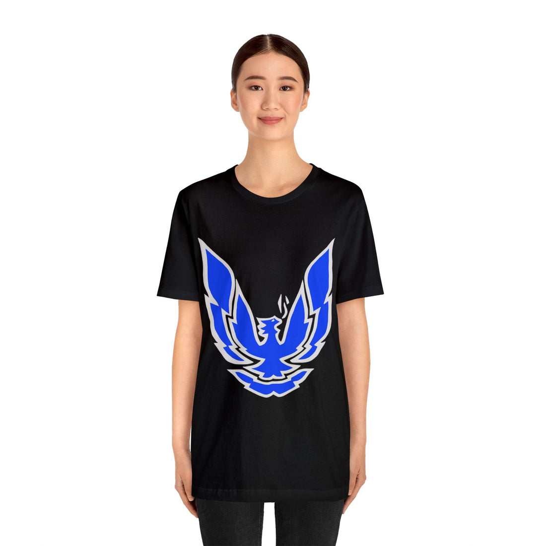 3rd Gen Firebird Trans AM short sleeve tee with blue phoenix graphic on black fabric.